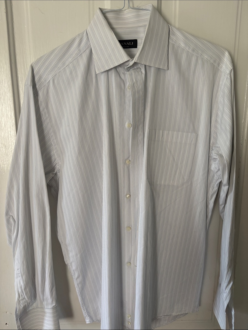 Canali White Dress Shirt with Light Blue Pinstripes